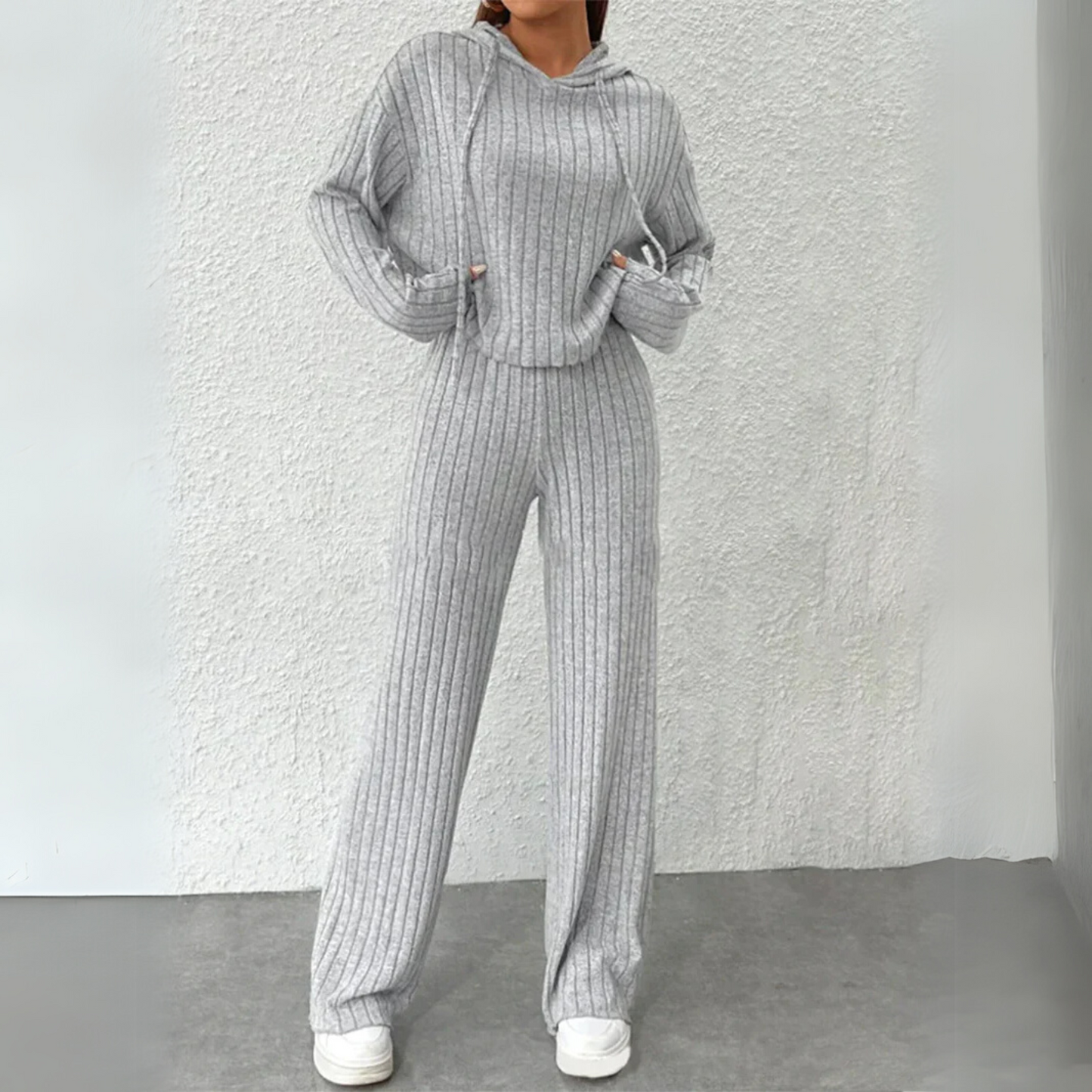 KROHN-E Damen Jogginganzug Hoodie Set Rippstrick Casual