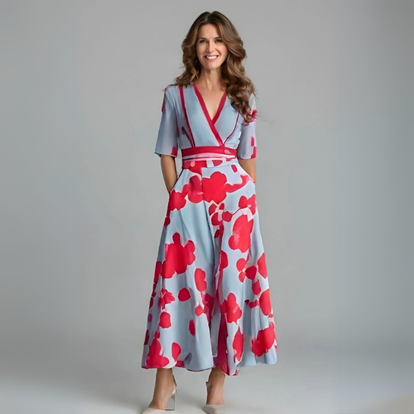 KROHN-E Damen Wickelkleid Blumenmuster Kurze Ärmel