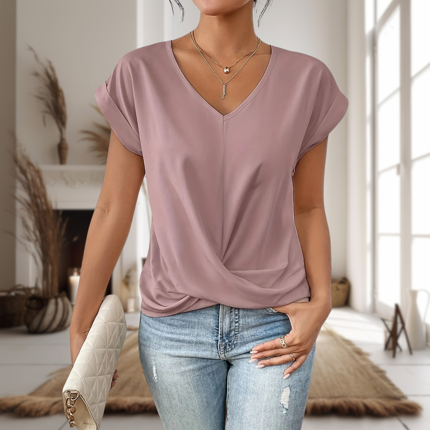 KROHN-E Damen T-Shirt Herzausschnitt Kurzarm Weicher Stoff Casual