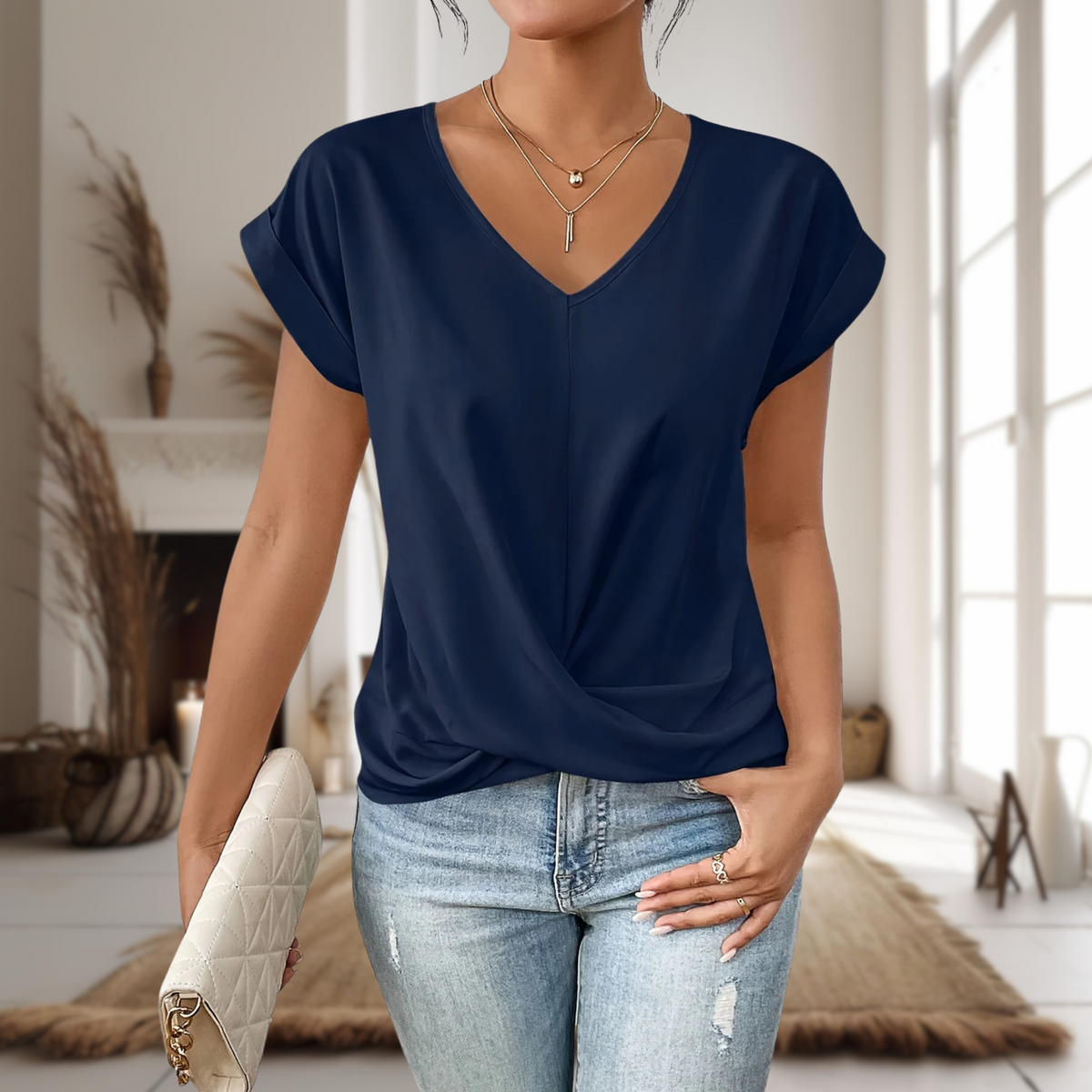 KROHN-E Damen T-Shirt Herzausschnitt Kurzarm Weicher Stoff Casual