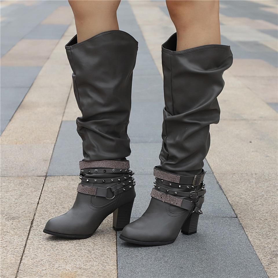 KROHN-E Damen Knie-Stiefel Slouchy Blockabsatz Vielseitig Elegant