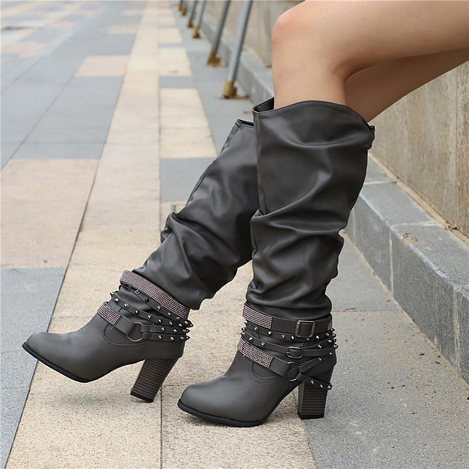 KROHN-E Damen Kniehohe Slouchy-Stiefel Blockabsatz Weiches Design