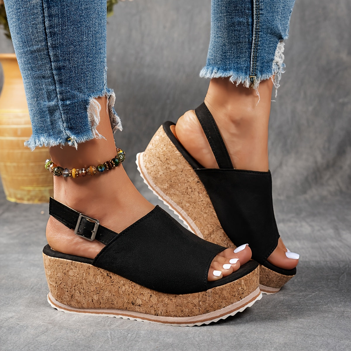 KROHN-E Damen Plateau-Sandalen Verstellbare Schnalle EVA-Sohle Beige