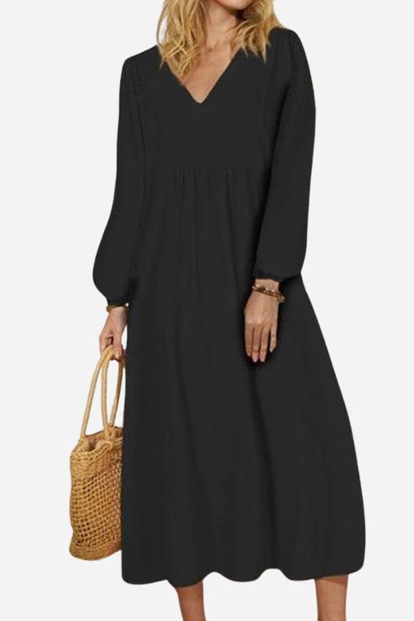 KROHN-E Damen Midi-Kleid V-Ausschnitt Raffung Ballonärmel Terrakotta