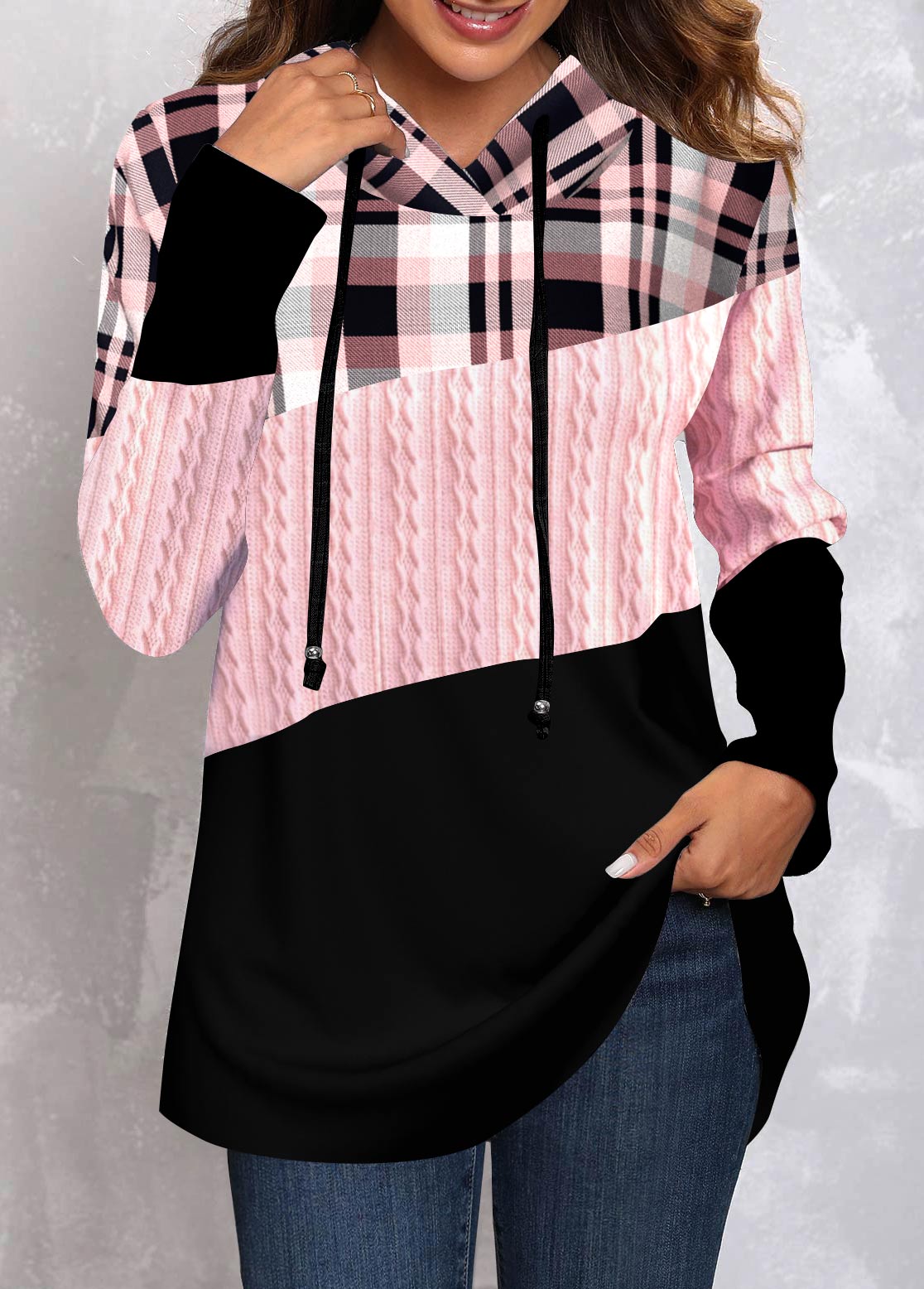 Moderner Damen Kapuzenpullover mit Karomuster und normalen Ärmeln von Fudus