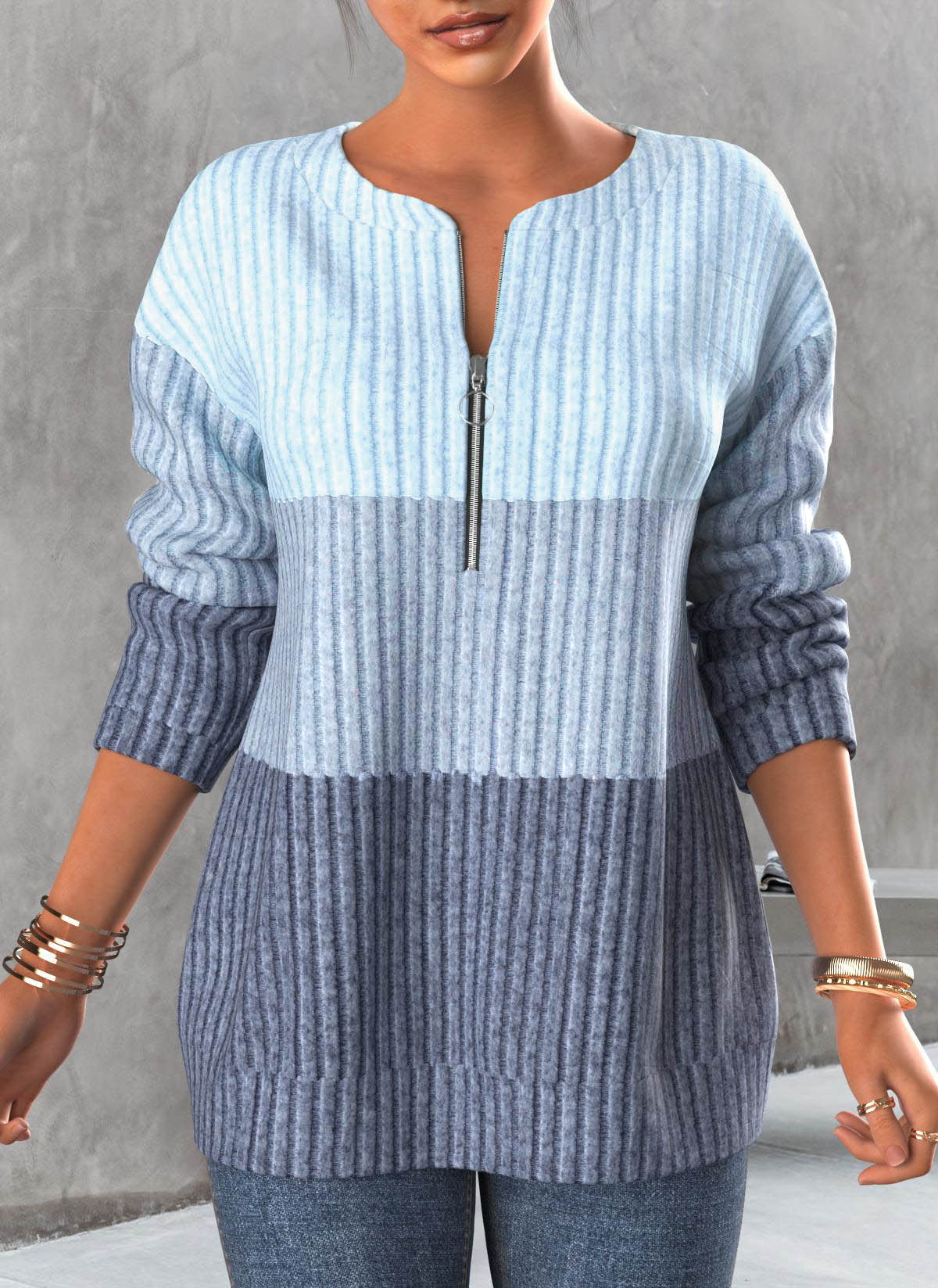 Frauen Rundhals-Sweatshirt mit Kontrast-Reißverschluss von Fudus