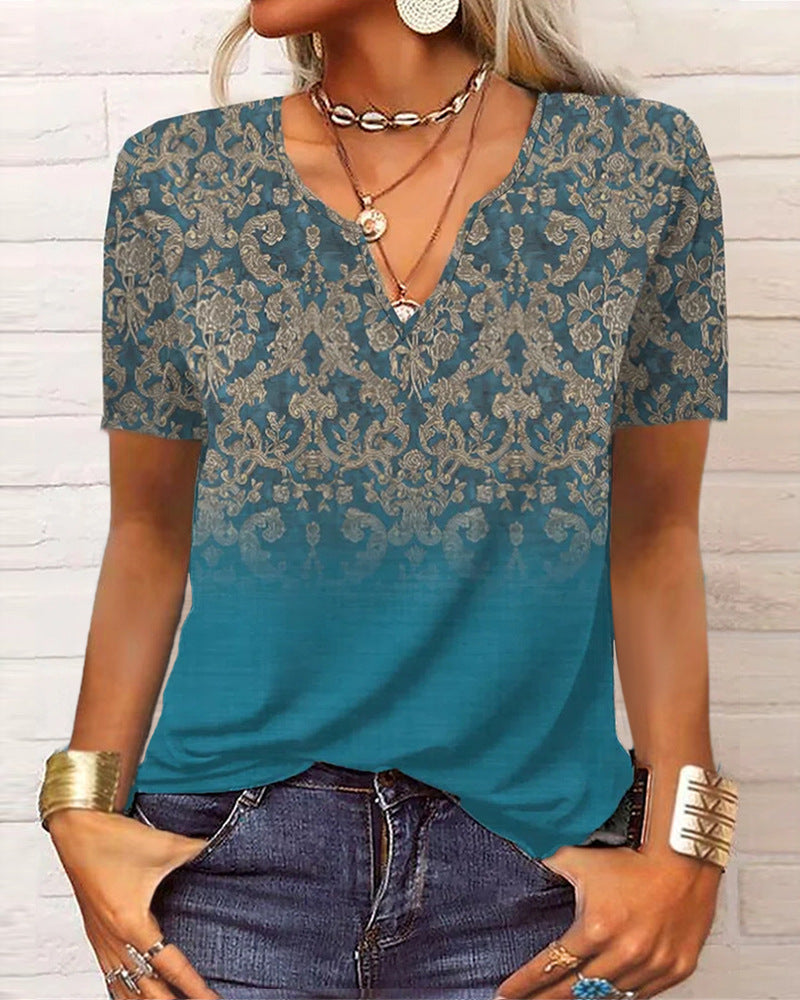 Damen Langarm T-Shirt mit Blumenmuster und V-Ausschnitt von Fudus Lockeres