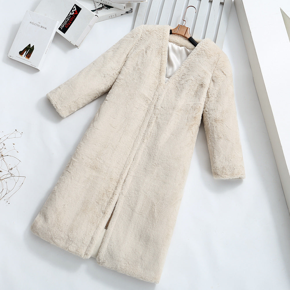 Damen Flauschiger Kunstpelz-Mantel mit elegantem V-Ausschnitt und praktischen Taschen Krohn-e