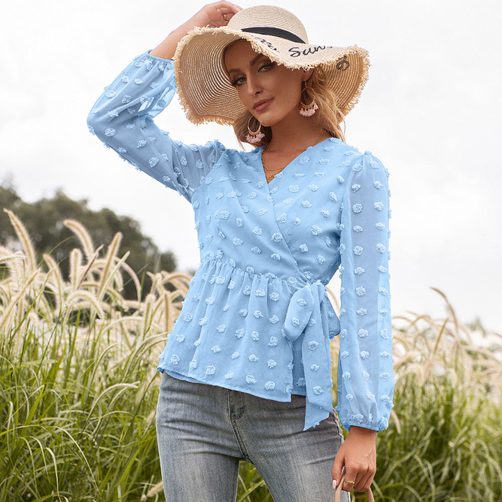 Fudus Jacquard Blouse with V-Neck and Long Sleeves