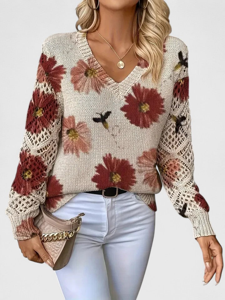 KROHN-E Damen Pullover Blumenmuster Weich Entspannte Passform