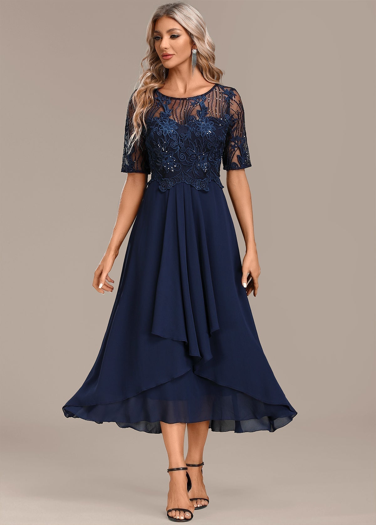 KROHN-E Damen Spitzenkleid Navy Kurze Ärmel Rundhals