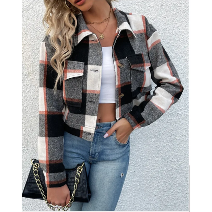 Avelena Damen Bomberjacke: Kariertes Freizeitmodell mit Brusttaschen