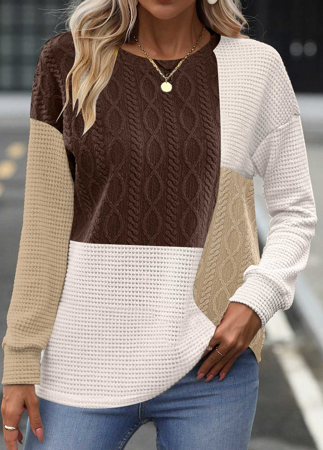 Elegantes Damen-Sweatshirt mit Rundhalsausschnitt und langem Patchwork-Ärmel von Fudus