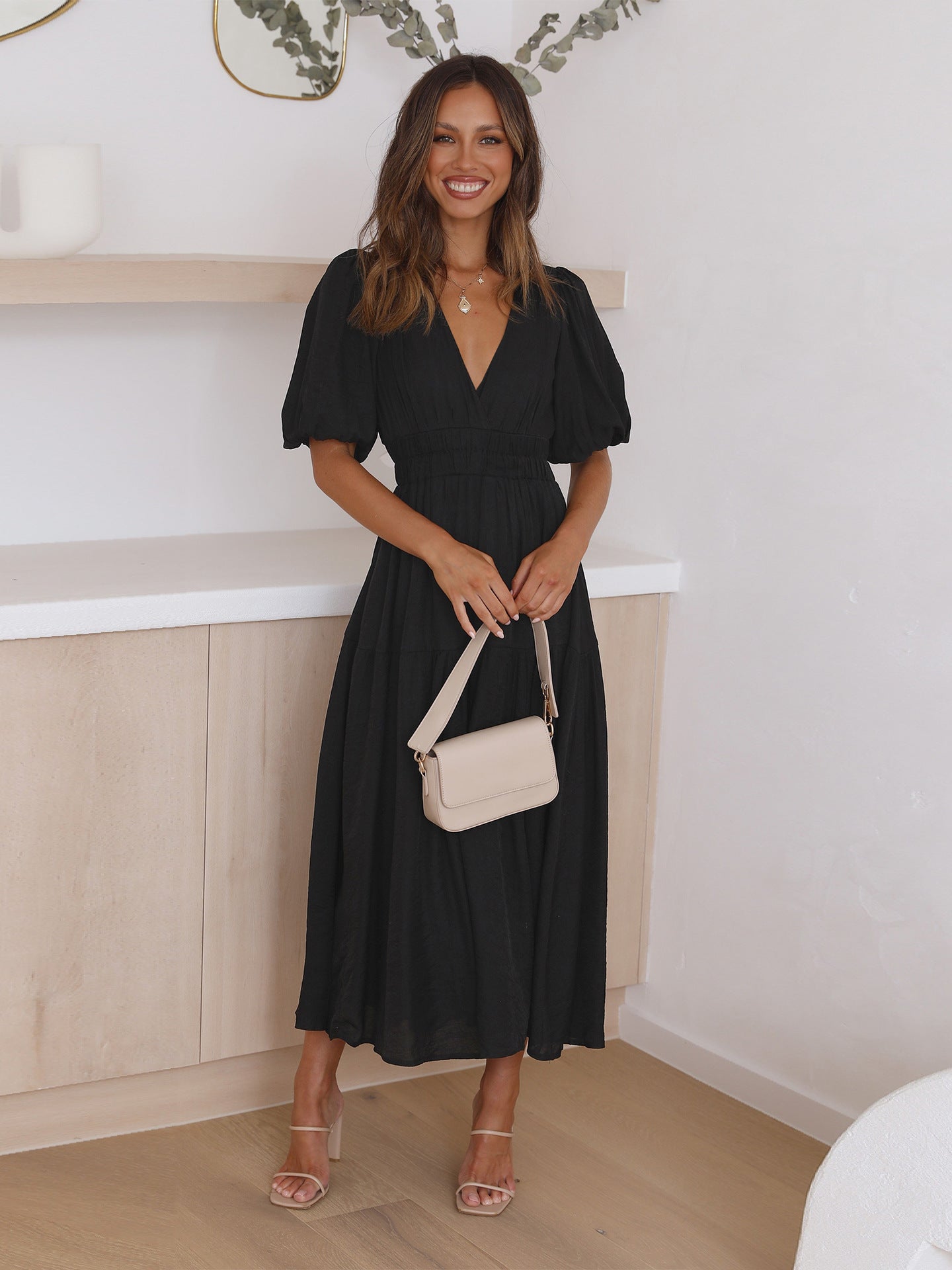 KROHN-E Damen V-Ausschnitt Midi-Kleid Puffärmel Schwarz