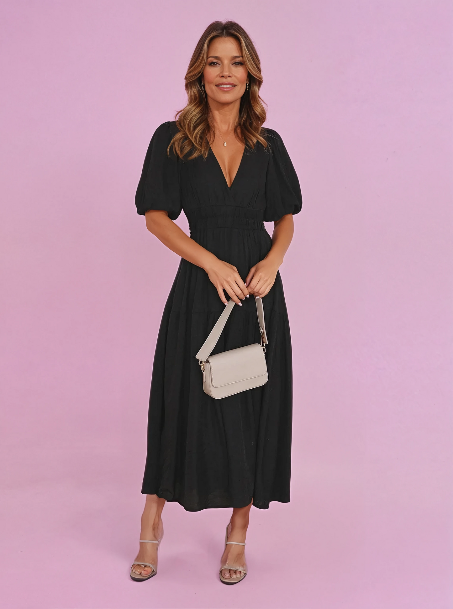 KROHN-E Damen Midi-Kleid V-Ausschnitt Puffärmel Schwarz