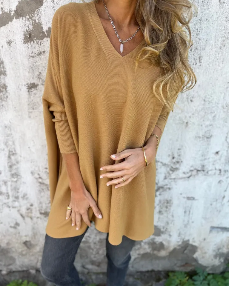 KROHN-E Damen Boho-Strickpullover Oversize Offener Strick Beige Creme