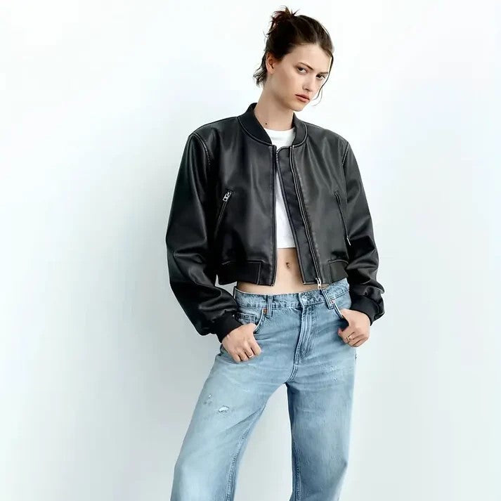 Avelena Kunstleder Bomberjacke mit gerippten Ärmelbündchen