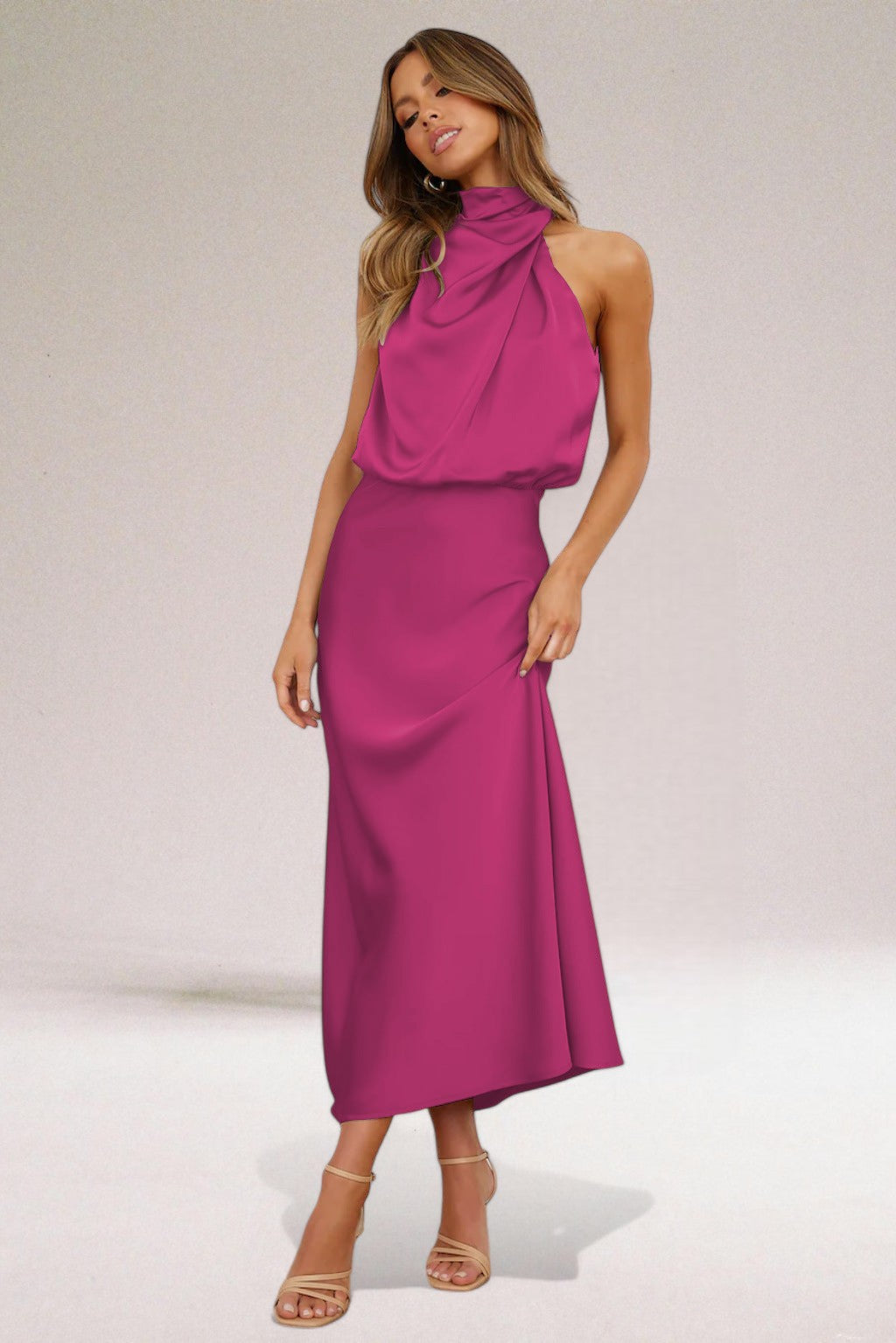 KROHN-E Damen Neckholder Kleid Fließend Glänzend Elegant Abendkleid