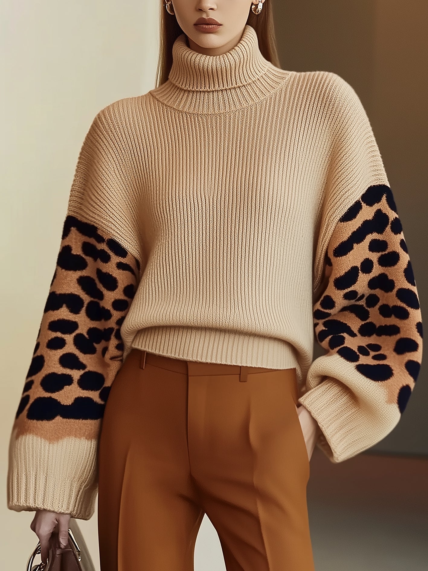 Krohn-e | Rollkragen-strickpullover Leopardenärmel Modernes Aussehen