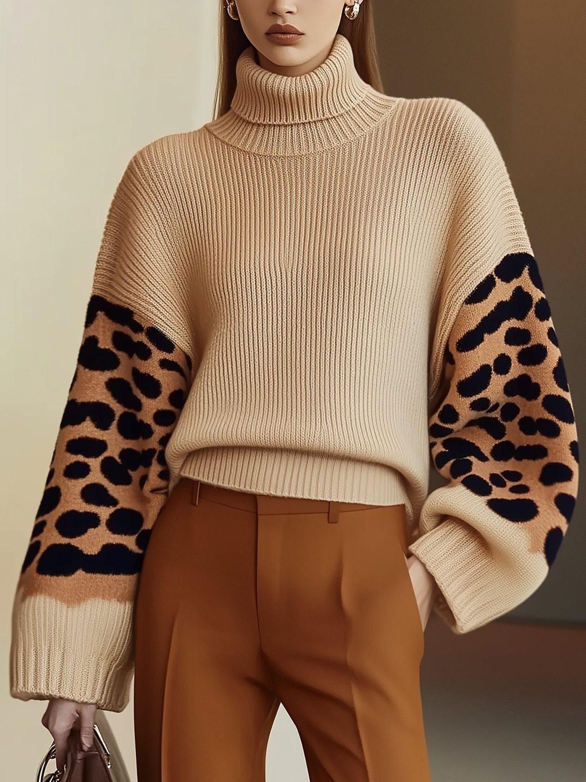 Krohn-e | Rollkragen-strickpullover Leopardenärmel Modernes Aussehen