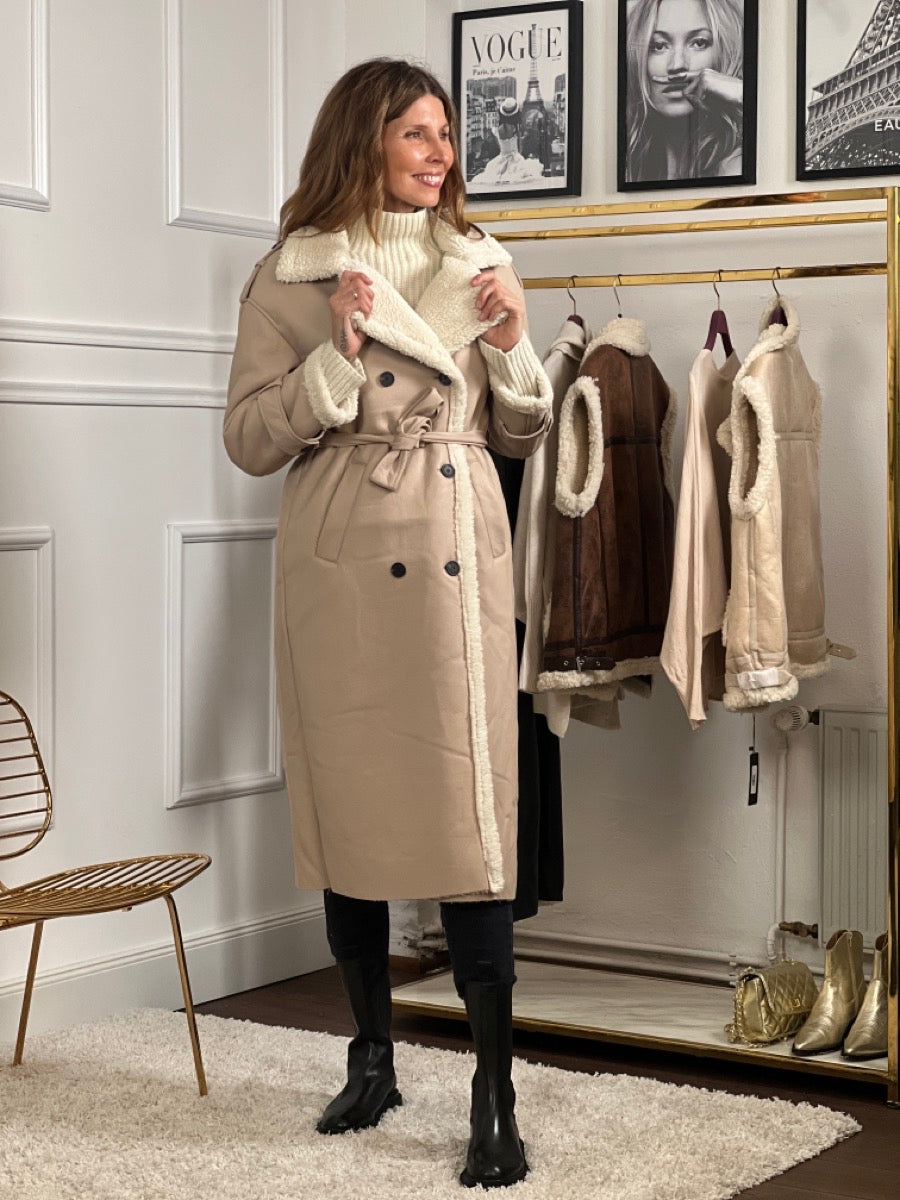 Krohn-e | Gewickelter Mantel für Frauen - Weiches Faux Shearling - Gürtel In Der Taille - Elegantes Langes Modell