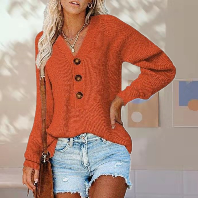 Krohn-e | Pullover - Damen Herbst Knopf V-Ausschnitt Strickpullover