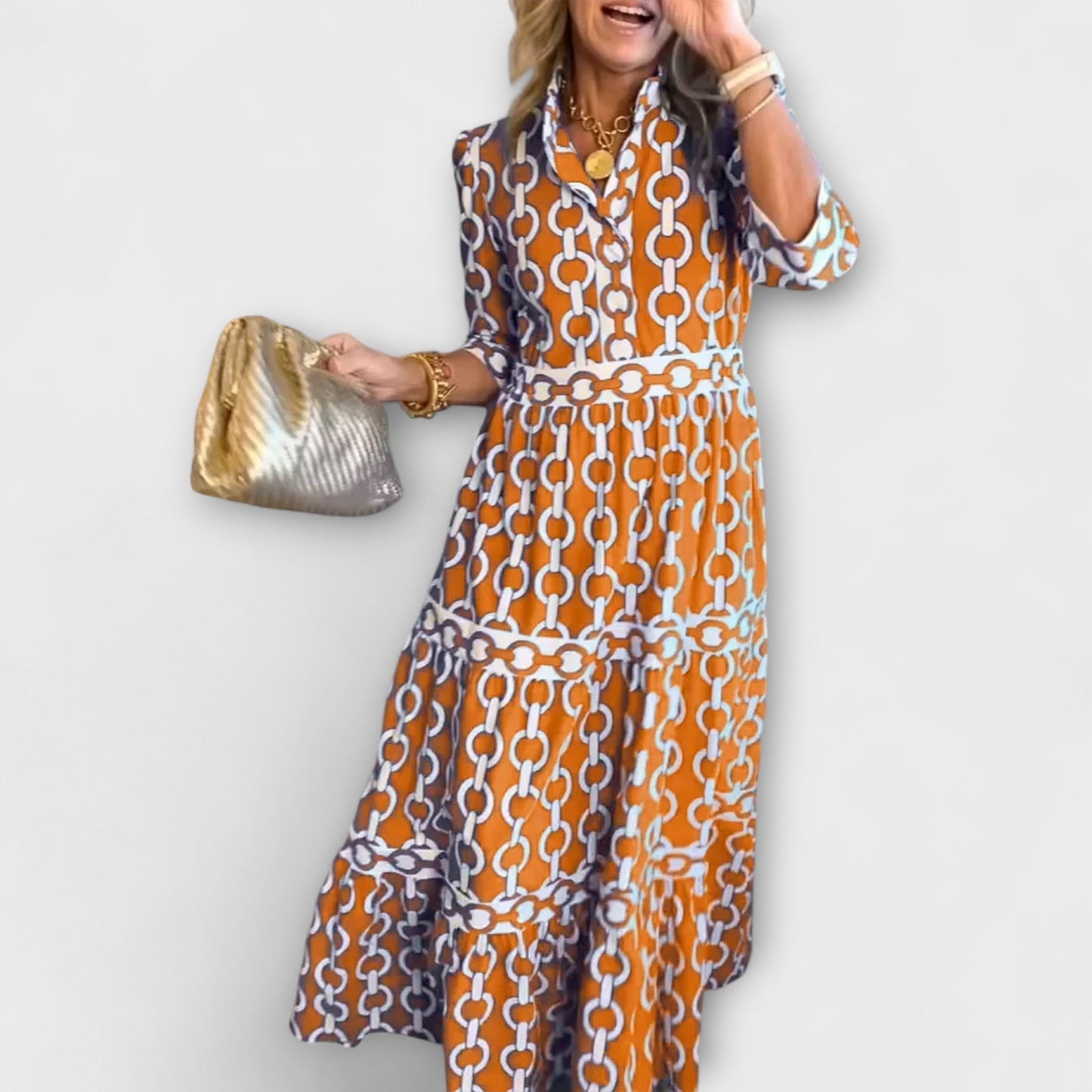 KROHN-E Damen Midi-Kleid Kettenmuster Ärmellos Casual