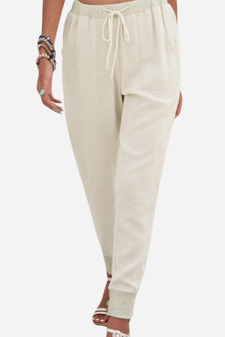 KROHN-E Damen Jogginghose Kordelzug Beige Elastische Bündchen