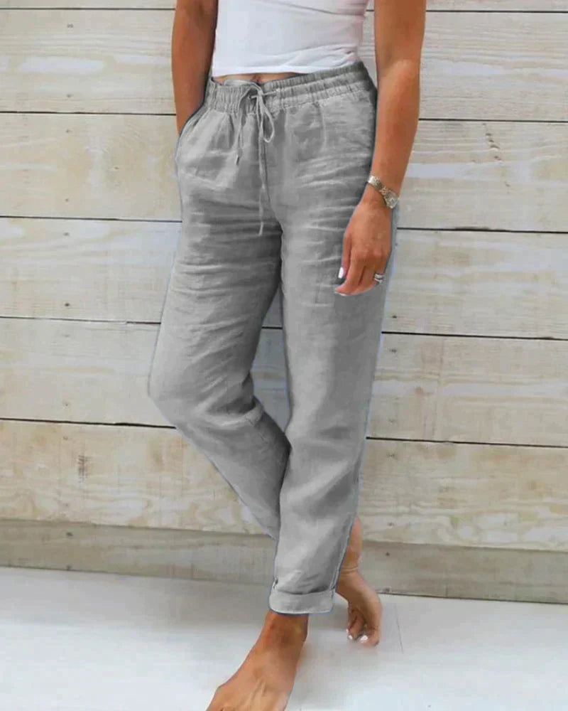 Damen Leinenhose mit Kordelzug und Taschen