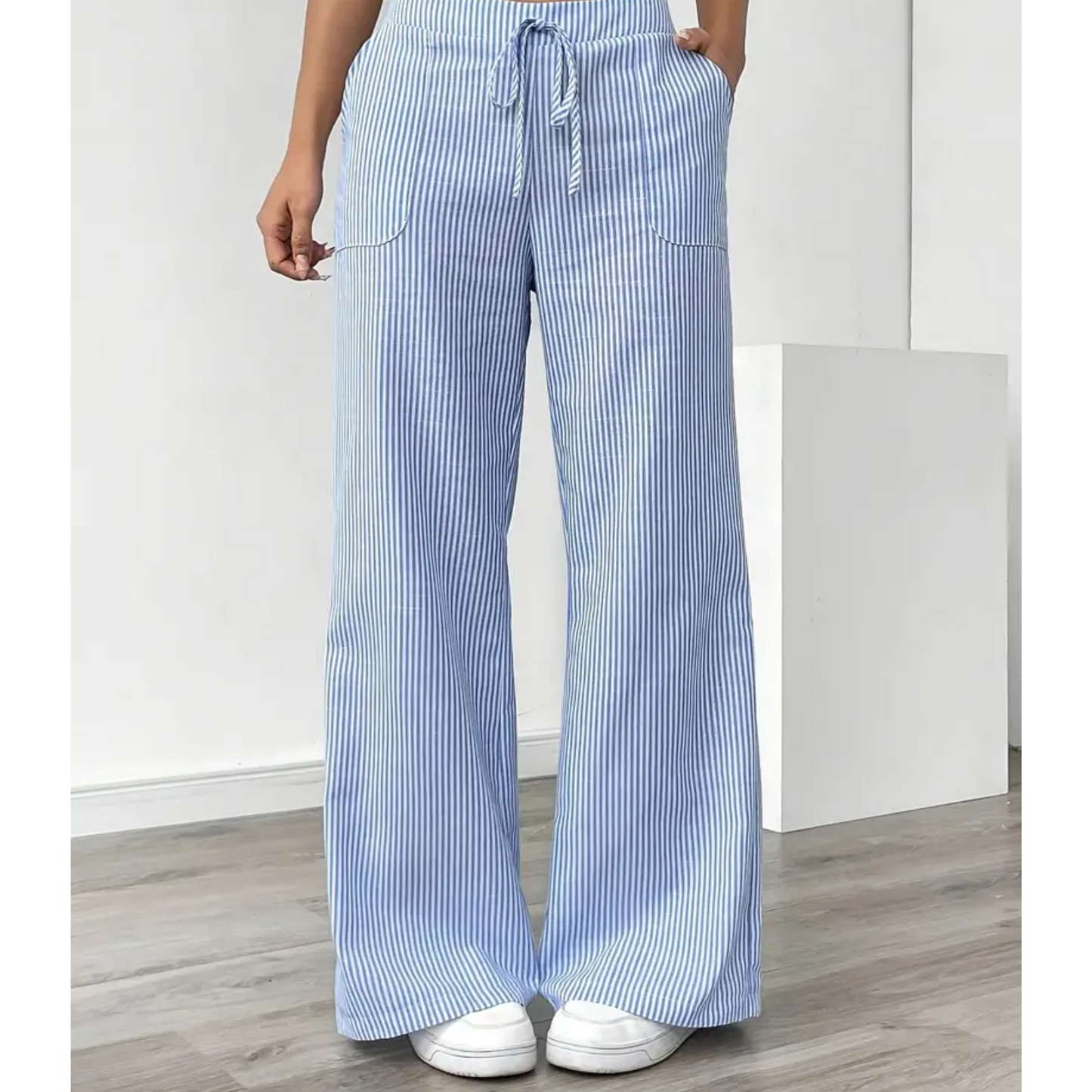 KROHN-E Damen Gestreifte Hose Entspannte Passform Taschen