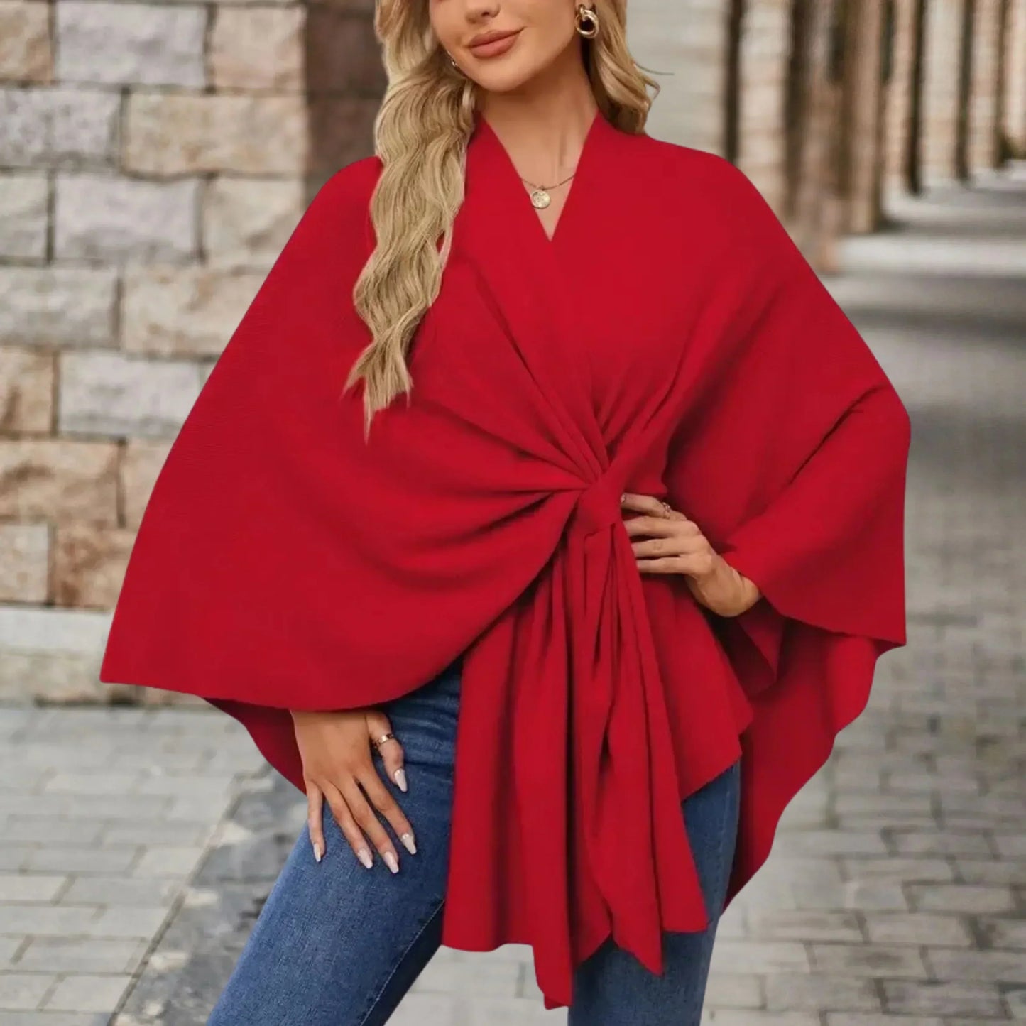 KROHN-E Damen Poncho Leicht Draped Knoten-Design Oversized