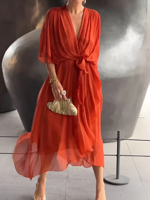 KROHN-E Damen Wrap Midi-Kleid Verstellbarer Gürtel