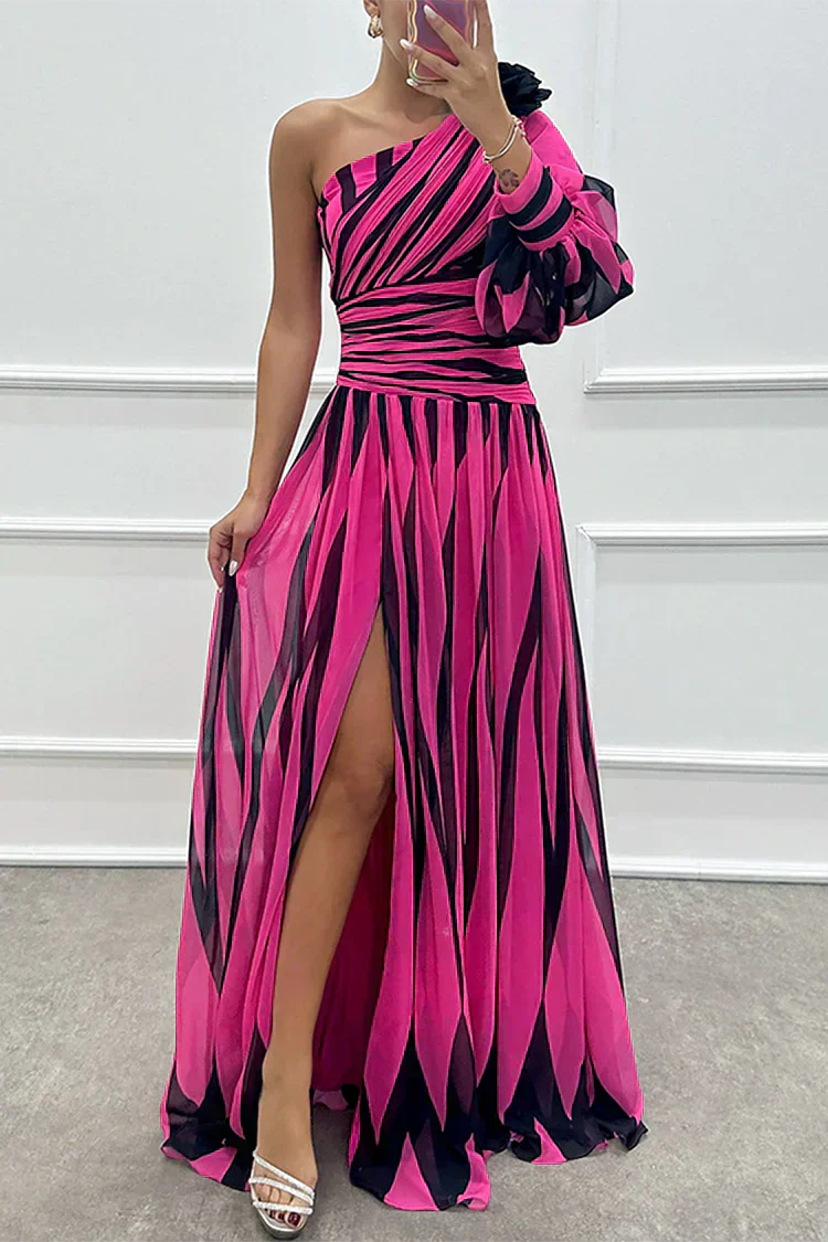 KROHN-E Damen Maxi-Kleid One-Shoulder Streifen Plissee Abend