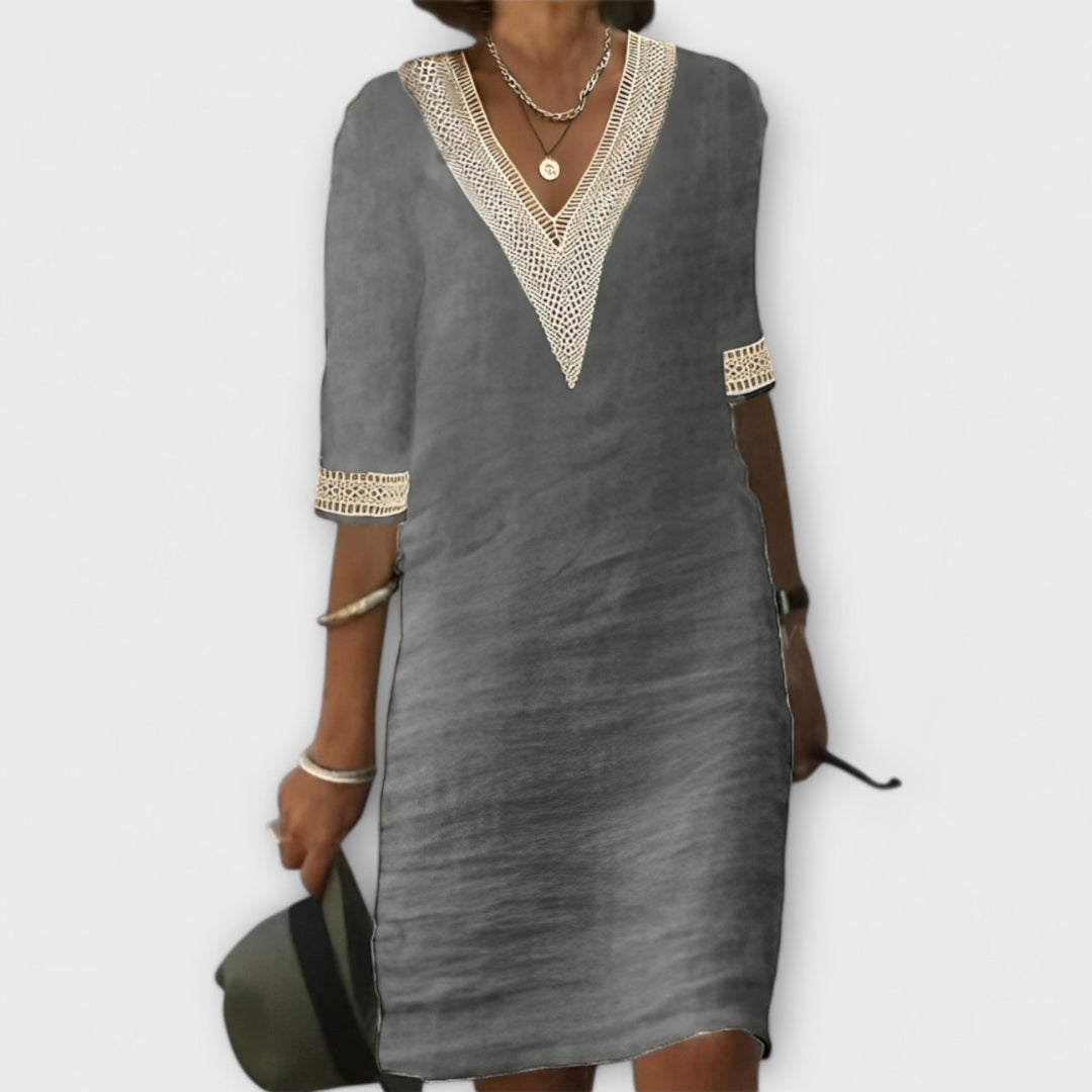 KROHN-E Damen Häkel-Kleid Lochmuster Fließende Silhouette Boho