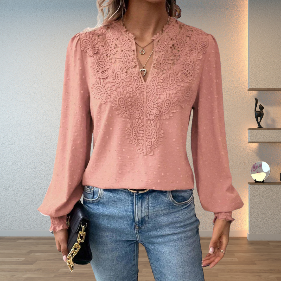 Sophie | Damen Bluse Langarm mit Spitze V-Ausschnitt