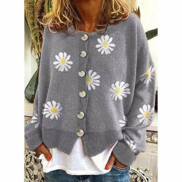 Krohn-e | Strickjacke - Damen Herbst Blumen Knopf-Überzieh Strickjacke
