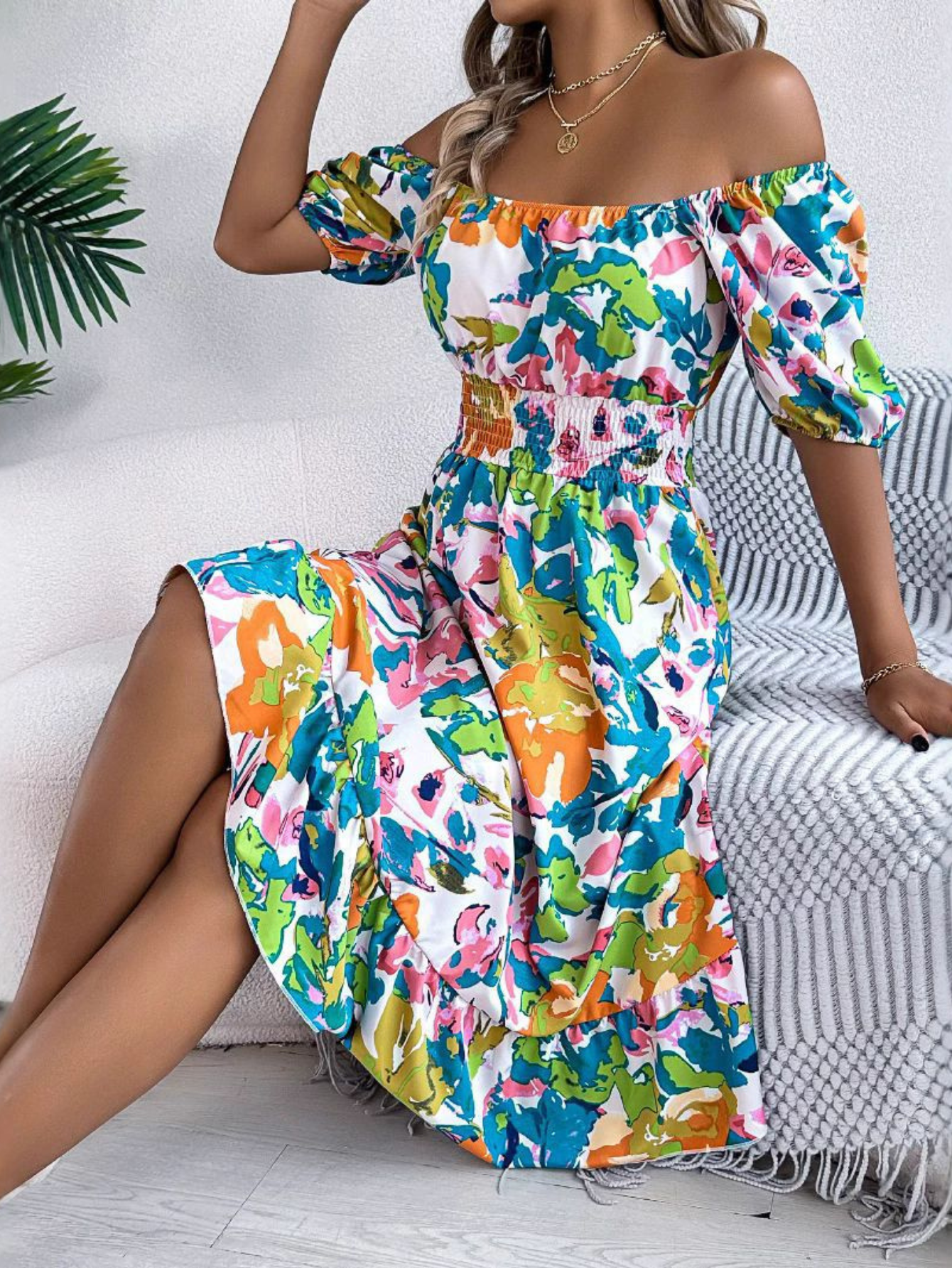 KROHN-E Damen Boho-Kleid Farbverlauf Fließend Leichter Stoff