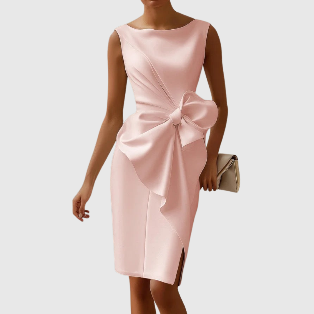 KROHN-E Damen Midi-Kleid Carmenausschnitt Schleifendetail Schwarz