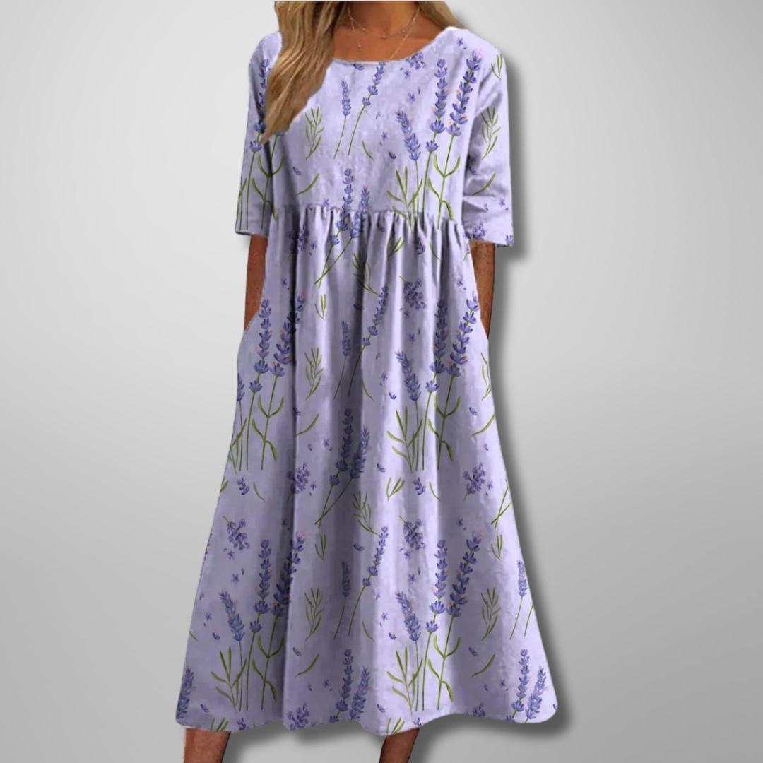 Dorothea | Damen Midi-Kleid Aquarell-Blumendruck Rundhals