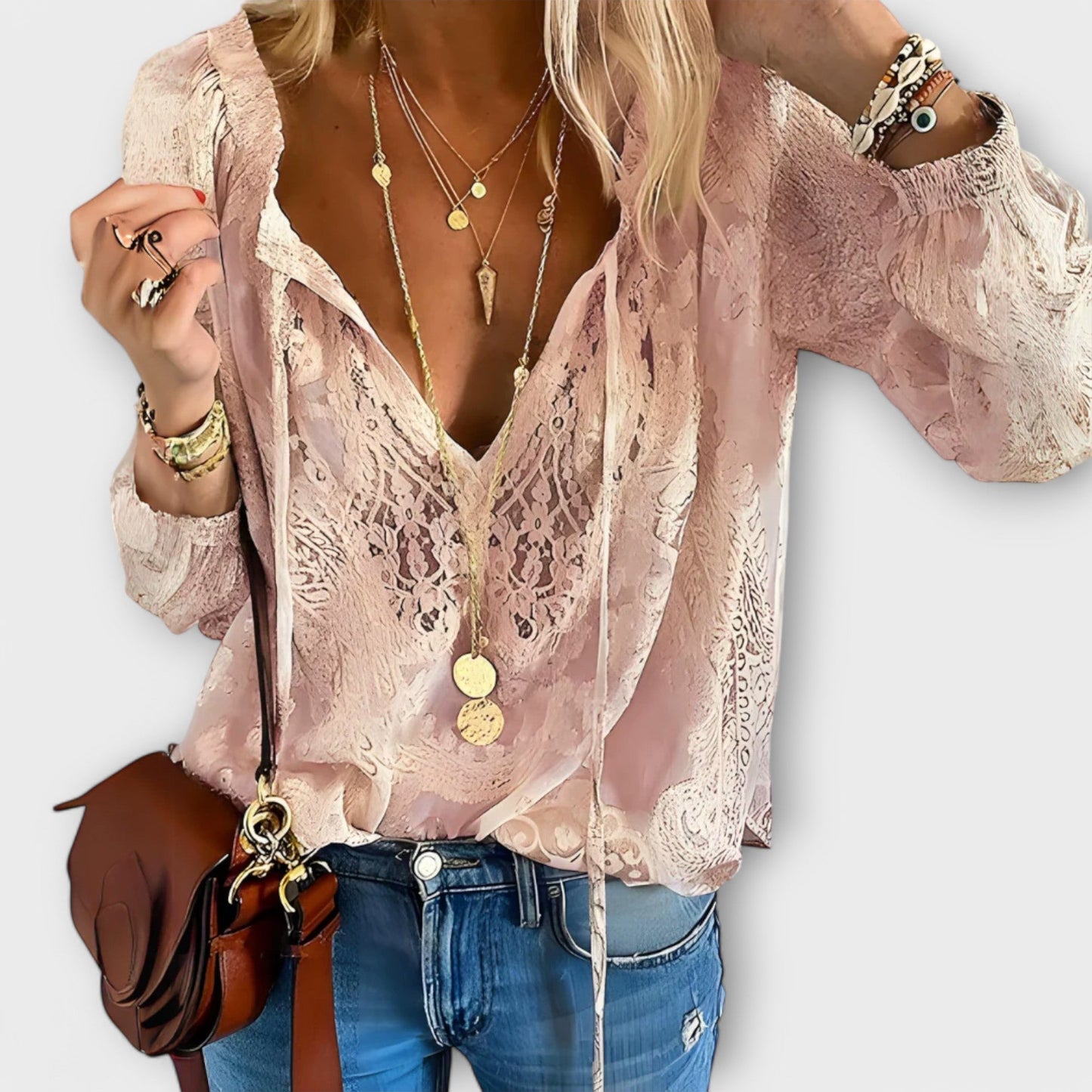 Bianca | Damen Spitzenbluse Langarm V-Ausschnitt Boho Bluse Elegant