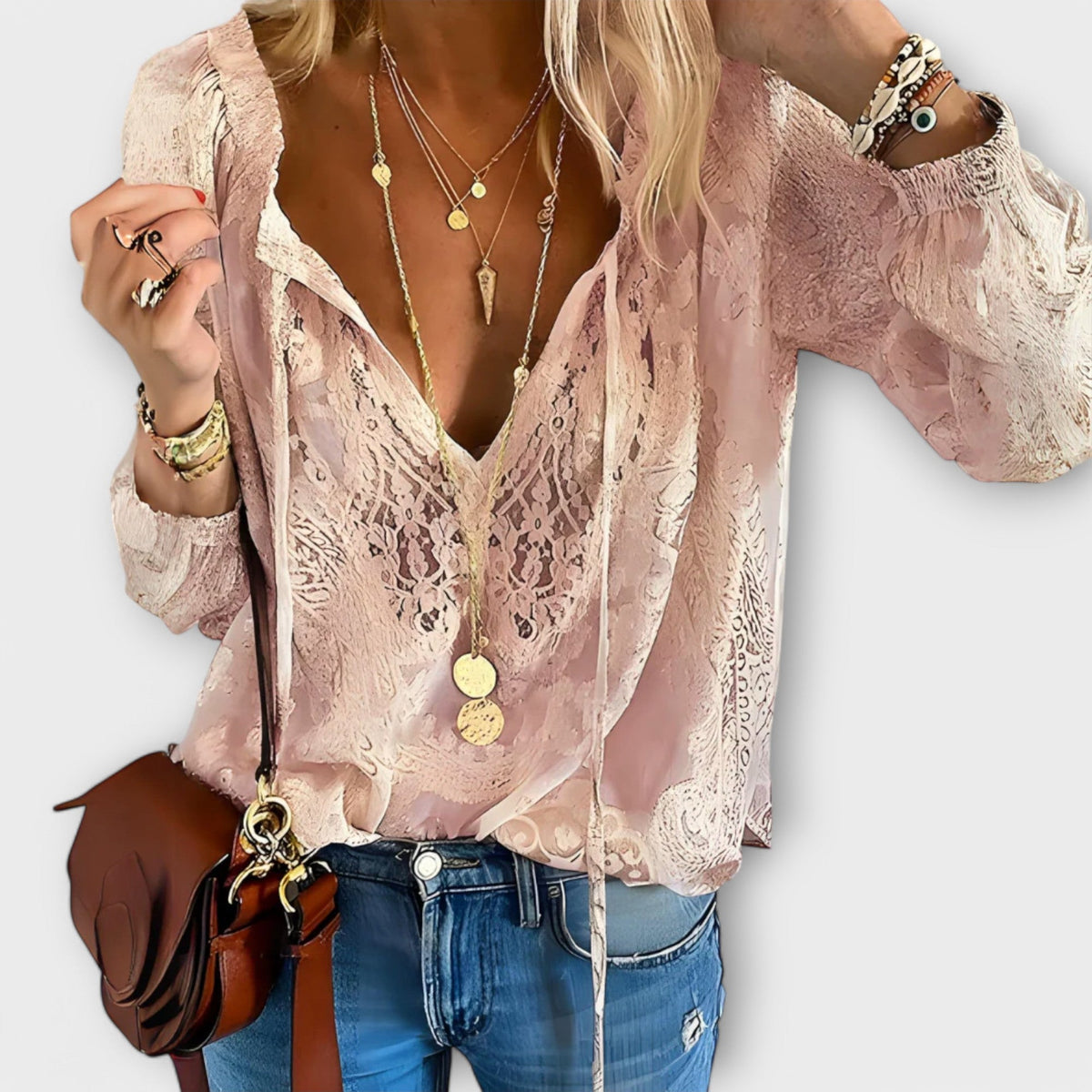 Bianca | Damen Spitzenbluse Langarm V-Ausschnitt Boho Bluse Elegant
