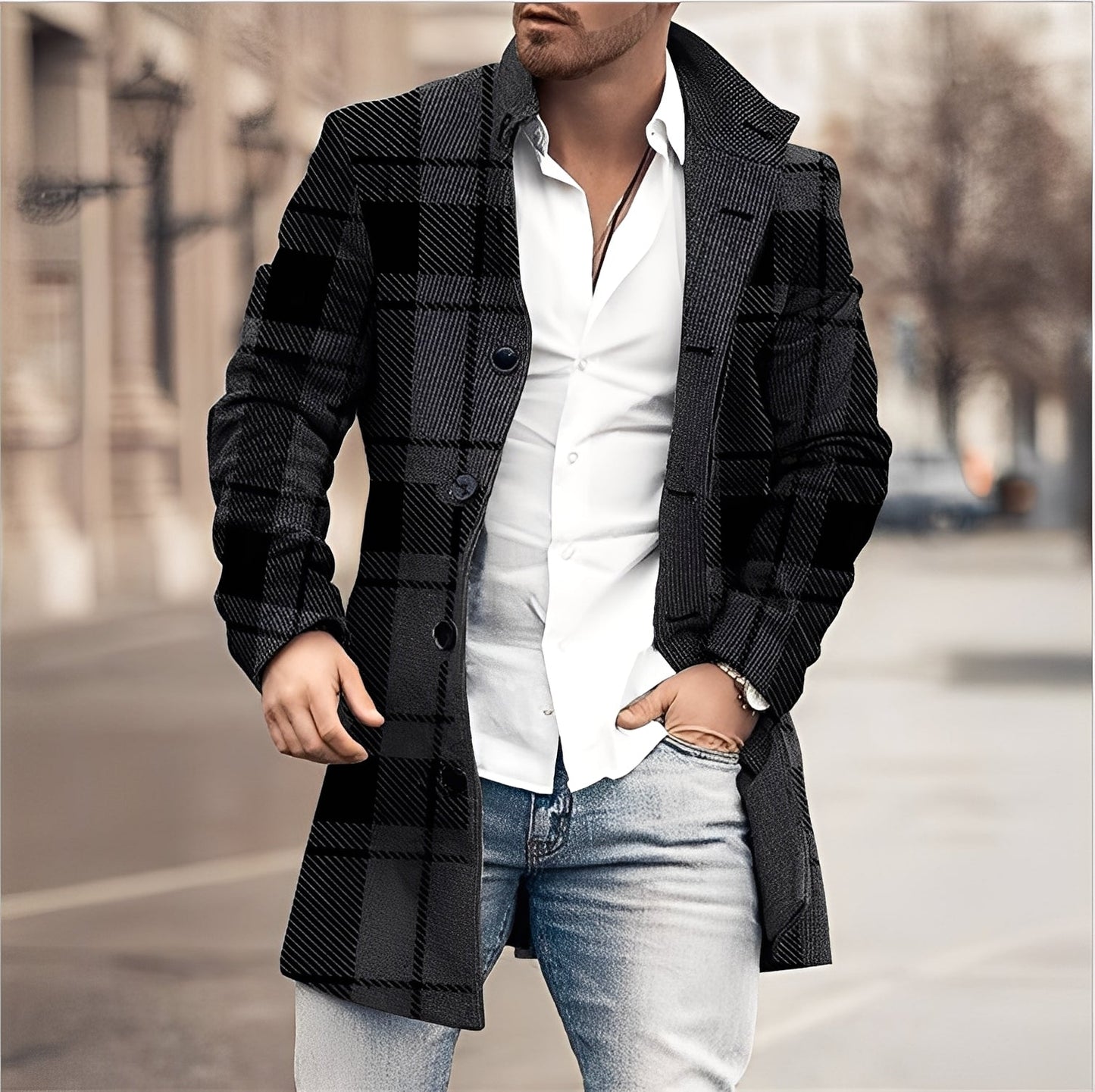 Krohn-e | Lässiger Langer Tweed-Mantel für Herren