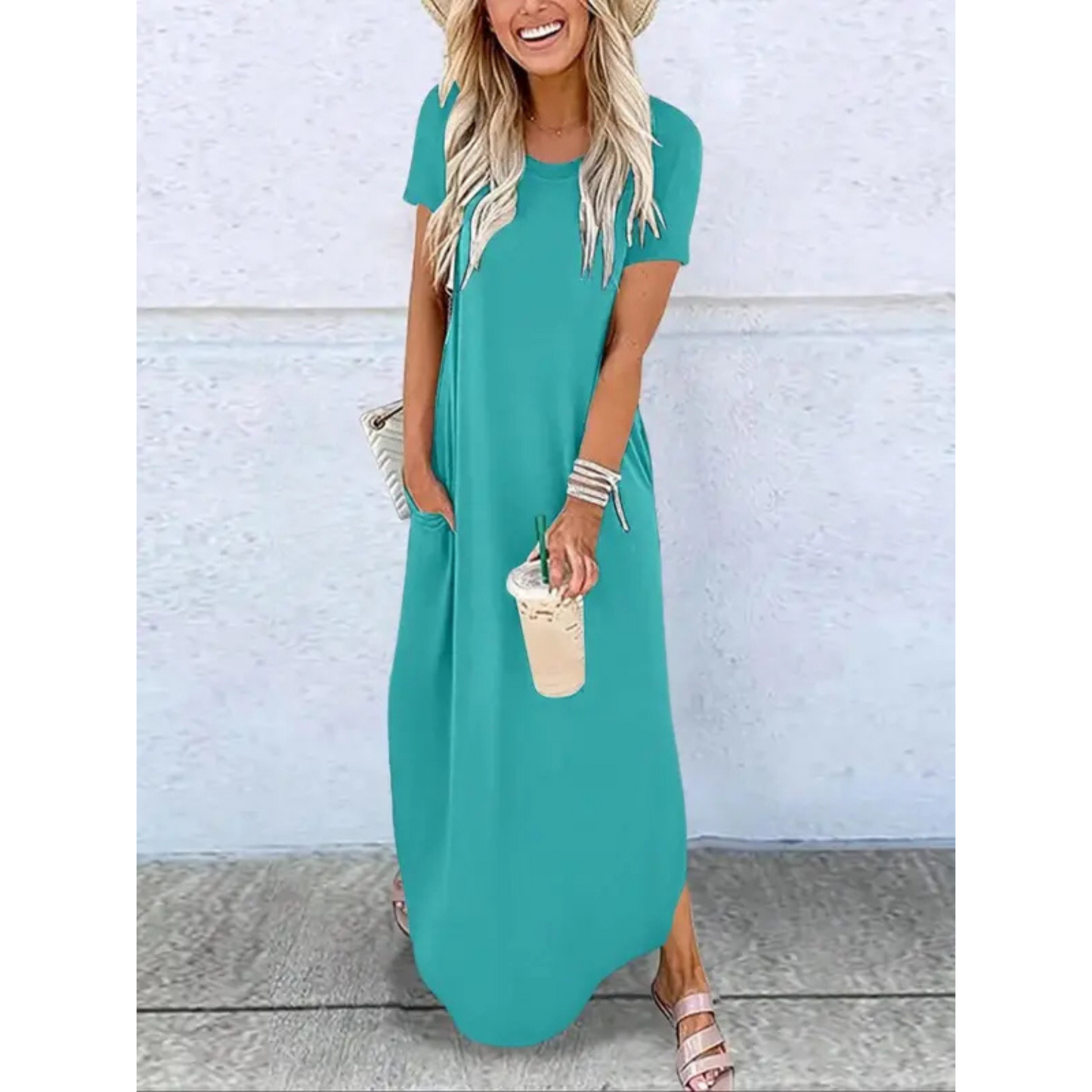 KROHN-E Damen Maxi-Kleid Rundhals Casual Sommer Leicht