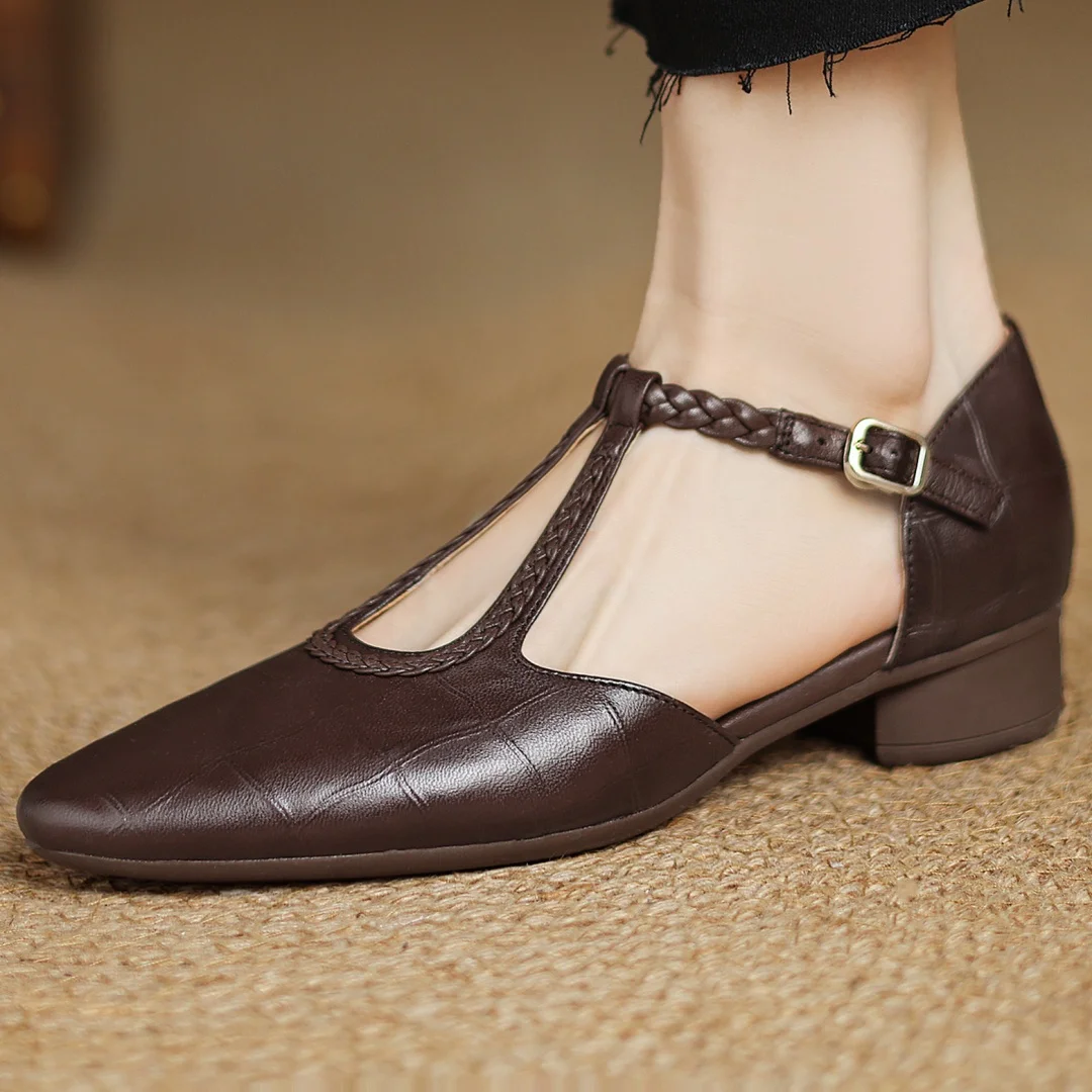 KROHN-E Damen Mary Jane Ballerinas Leder T-Riemen Spitz