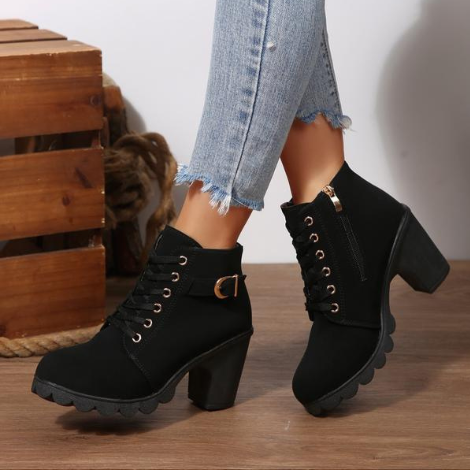 KROHN-E Damen Stiefeletten Chunky Schnürung Schwarz