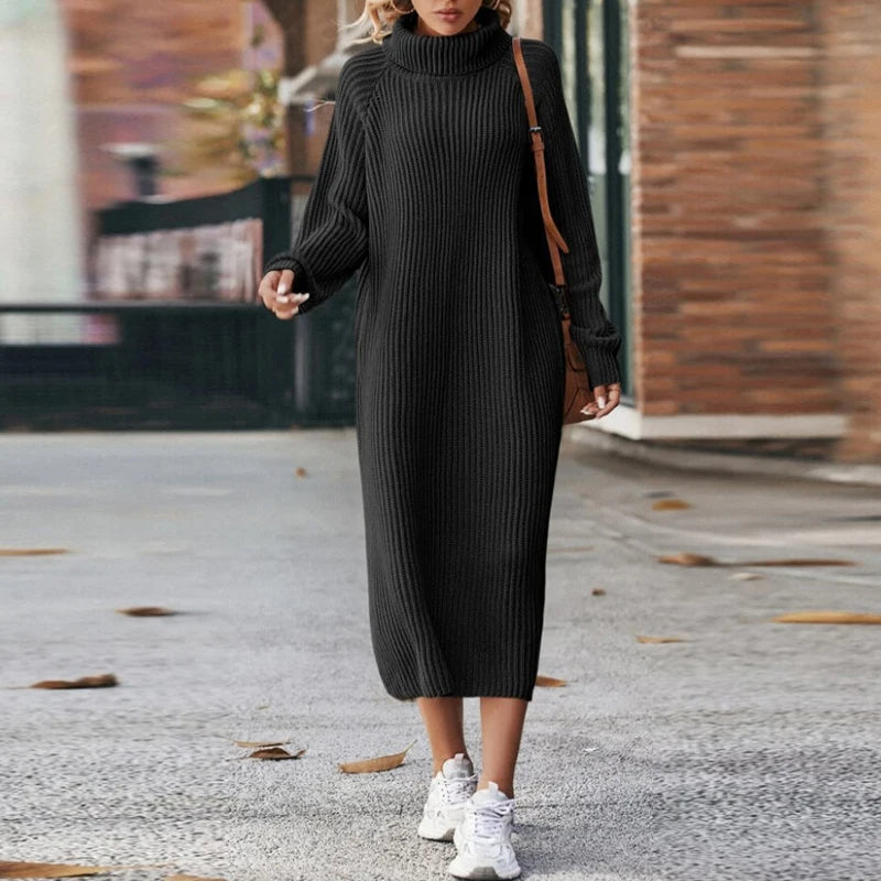 Krohn-e | Bequeme Damen Maxi Pullover Kleid mit Kragen