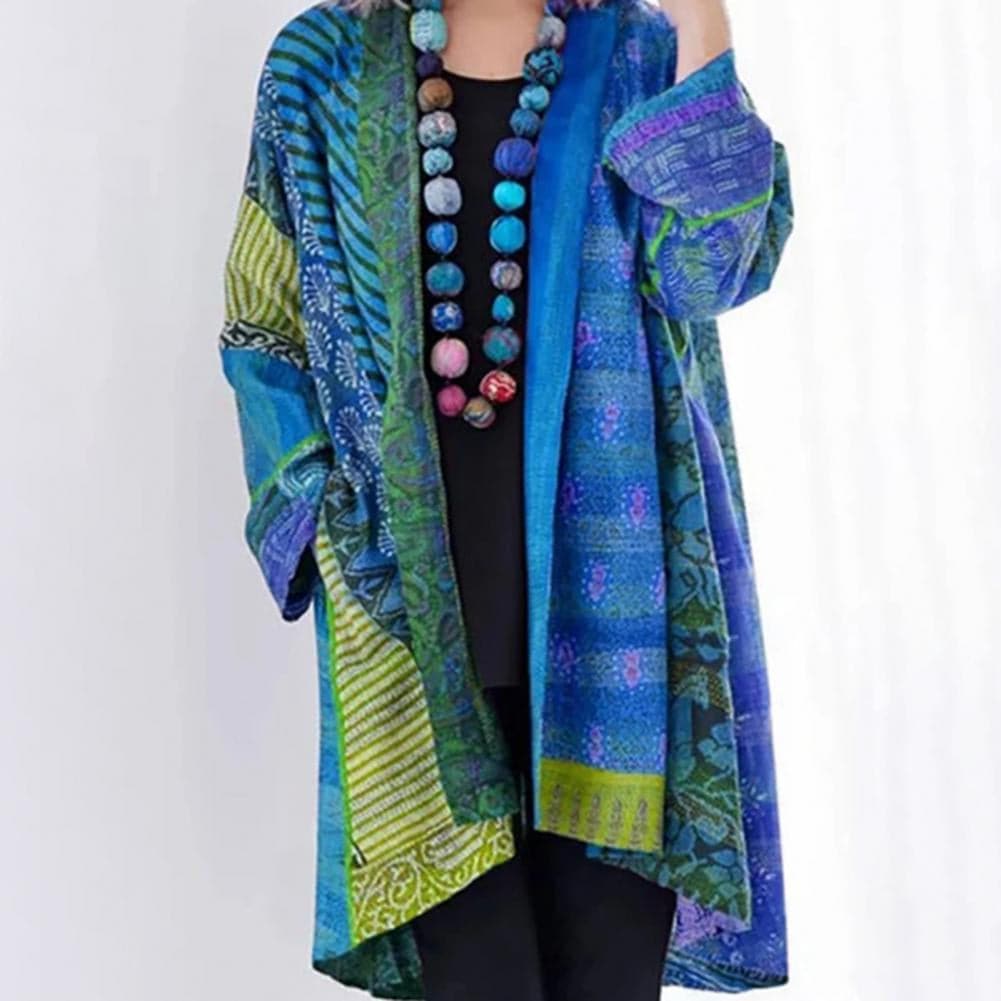 Krohn-e | Kimono-Jacke - Bohemian-Patchwork-Design - Leicht und Luftig - Langärmlig Offene Vorderseite