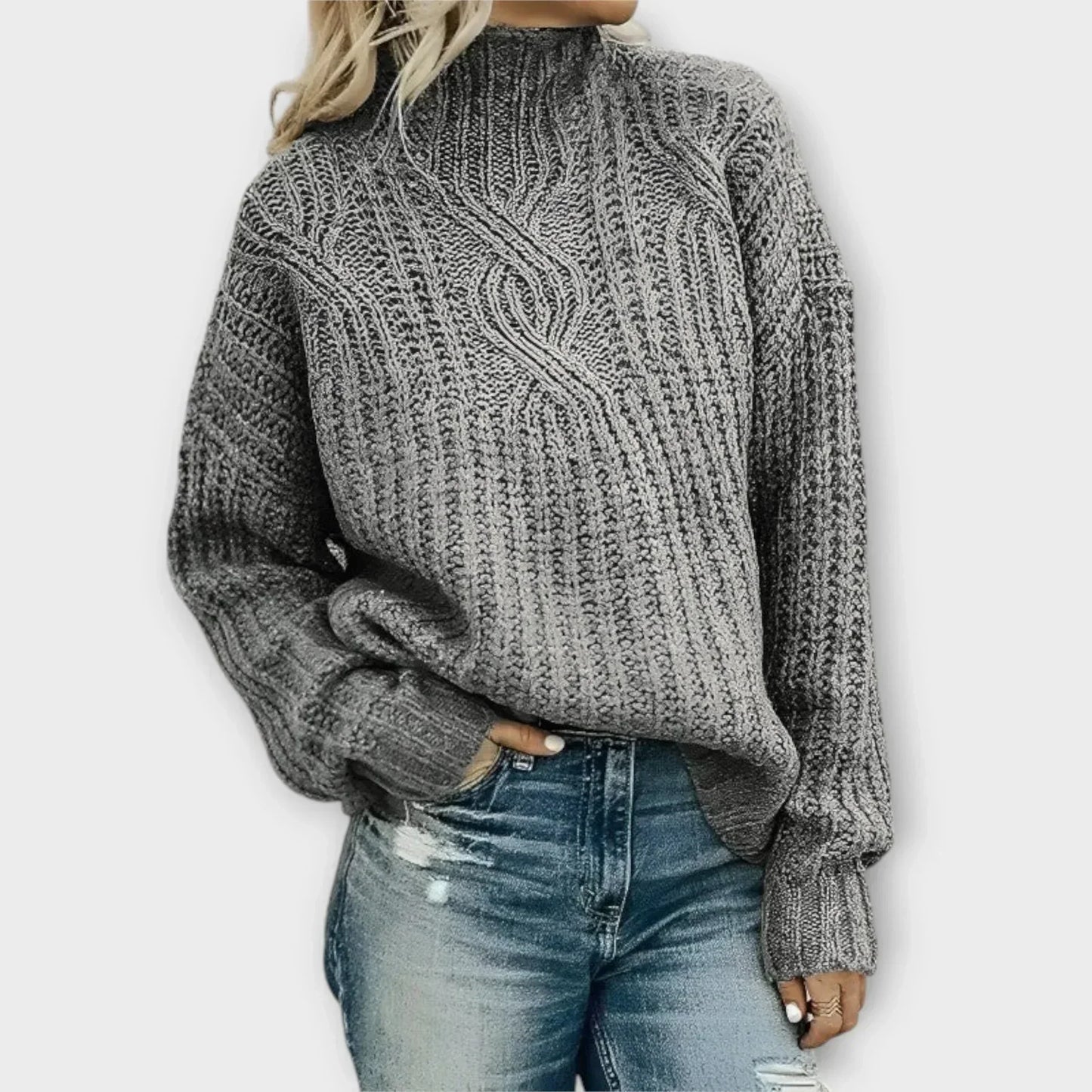KROHN-E Damen Pullover Stehkragen Zopfmuster Langarm Strick