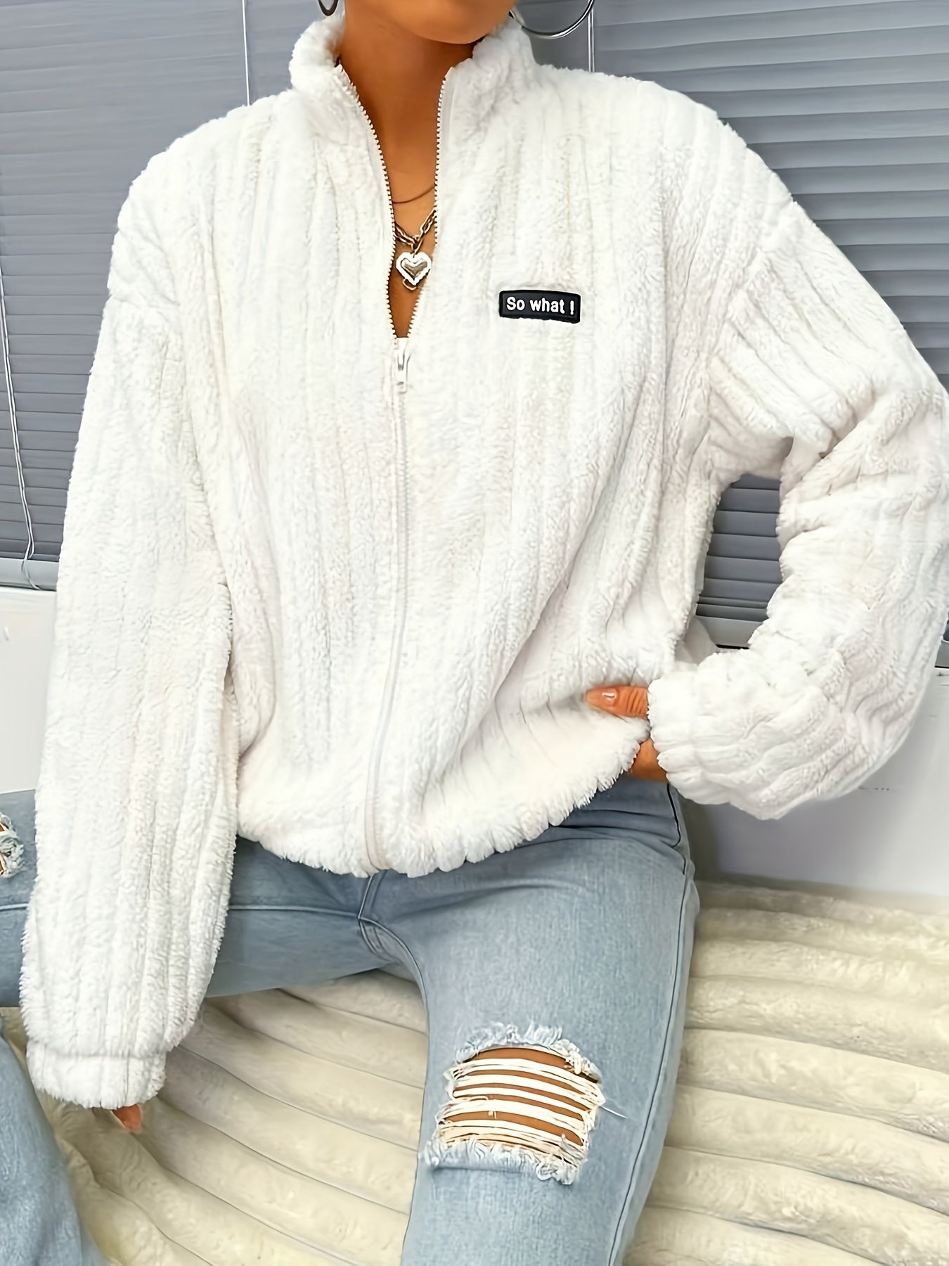 Krohn-e | Plüsch Zip-up Jacke mit Text-patch Polyester Weich und Warm