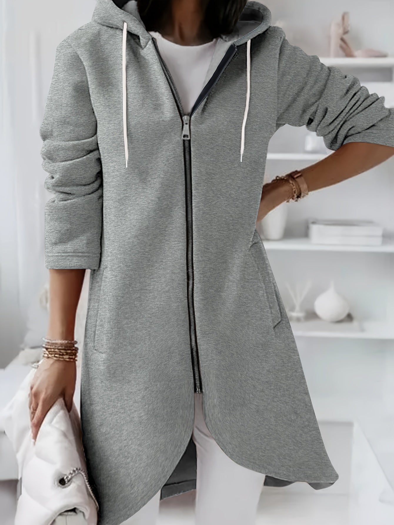 Krohn-e | Reißverschluss Kordelzug Midi Kapuzenjacke